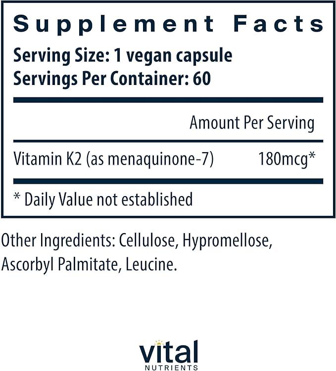 Vital Nutrients Vitamin K2-7 - Promotes Cardiovascular Heart Bone Health* - Vitamin K2 + MK7 - Vegan Supplement - Gluten Dairy Soy Free - Non-GMO - 60 Capsules