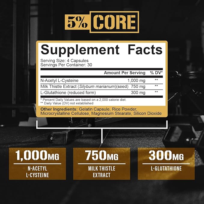 5% Core Liver Support | NAC (N-Acetyl L-Cysteine) 1000mg Milk Thistle 750mg L-Glutathione 300mg | Liver Cleanse Detox &amp Repair Supplement (30 Capsules)