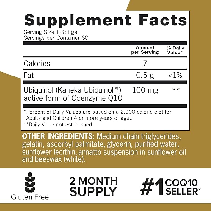 Qunol Ubiquinol CoQ10 100mg Softgels Ubiquinol - Active Form of Coenzyme Q10 Antioxidant for Heart Health Healthy Blood Pressure Levels Beneficial to Statin Users 60 Count