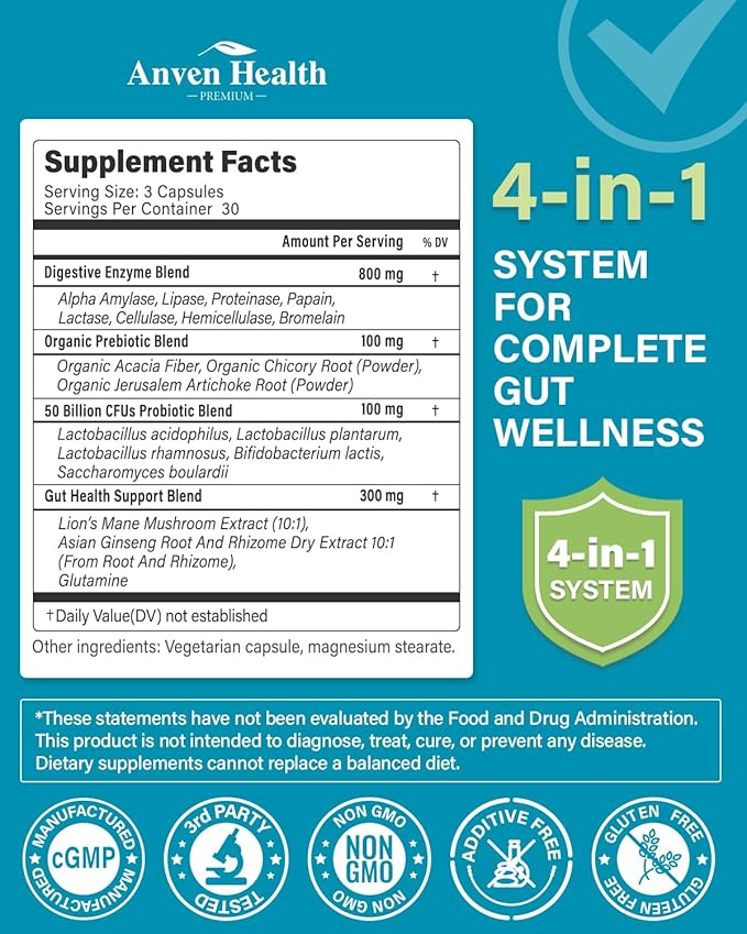 800mg Digestive Enzymes for Men and Women with Probiotics &amp Organic Prebiotics 8 Key Enzymes Protease Amylase &amp Lipase for Bloating Gas Relief Non-GMO | 90 Capsules