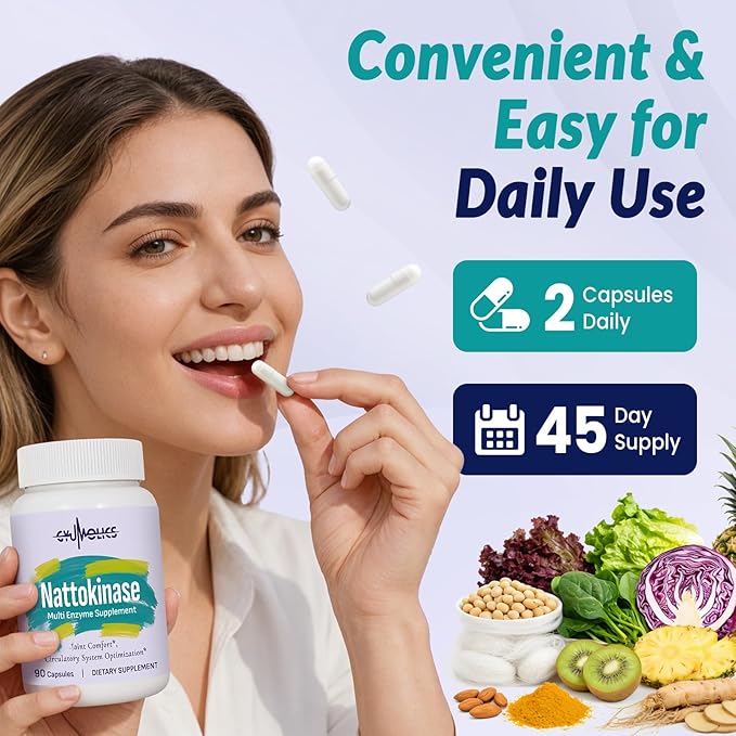 Nattokinase Supplement 10000FU with Organic Nattokinase Serrapeptase Bromelain Curcumin Vitamin E &amp Ginseng Movement Comfort 90 Capsules