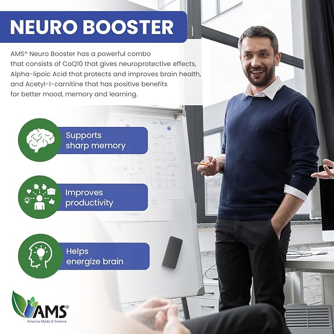 America Medic &amp Science Neuro Booster (60 Capsules) | Nutritional Supplement for Brain Health | Vitamin Pills for Better Memory and Cognitive Function | with Coenzyme Q10 ALA and Acetyl L-Carnit