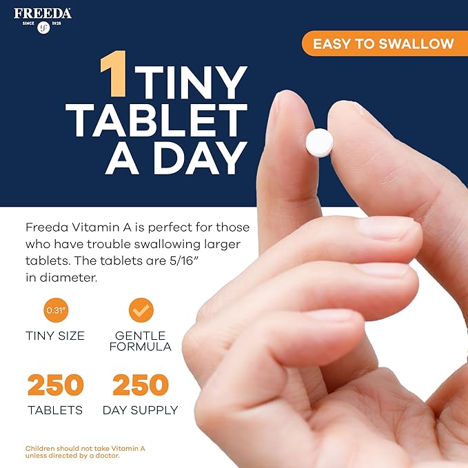 Freeda Vitamin A 15000 IU – Retinyl Palmitate – Vegan Kosher No Fish – Eye Vision Immune &amp Skin Support – Tiny Easy-to-Swallow Tablets – VIT A Vitamina A Supplement – 250 Tablets
