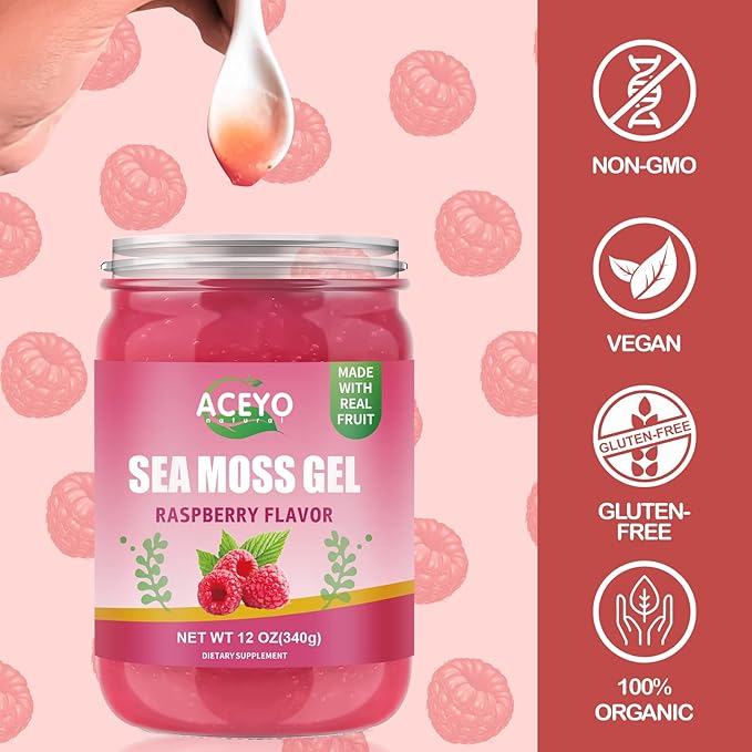 ACEYO (12 OZ) Irish Sea Moss Gel Organic Raw Vegan Raspberry Flavor 102 Vitamins and Minerals Wild Harvested Non-GMO Immune Defense Booster Thyroid Digestive Support