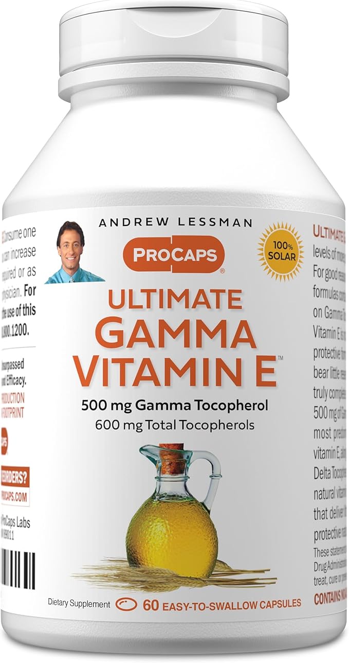 ANDREW LESSMAN Ultimate Gamma Vitamin E 60 Softgels - 500 mg Gamma Tocopherol Protective Vitamin E. Four High Potency Forms of Natural Tocopherols. Powerful Anti-Oxidant. No Synthetic Forms