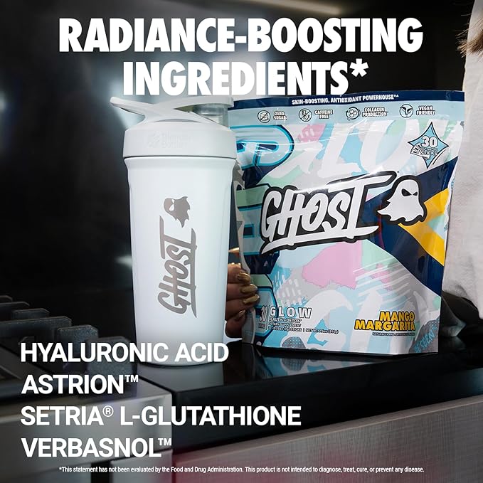GHOST Glow Sticks: Beauty and Detox Supplement - 30 On-The-Go Stick Packs Mango Margarita - Hyaluronic Acid Biotin &amp L-Theanine for Skin-Boosting Support - Sugar Free Gluten Free
