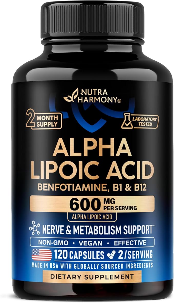 Alpha Lipoic Acid 600mg - ALA Supplement Antioxidant for Nerve Energy &amp Metabolism Support - Extra Strength with Benfotiamine B1 &amp B12 - Lab Tested NON-GMO &amp Vegan - 120 Capsules 2 Mon