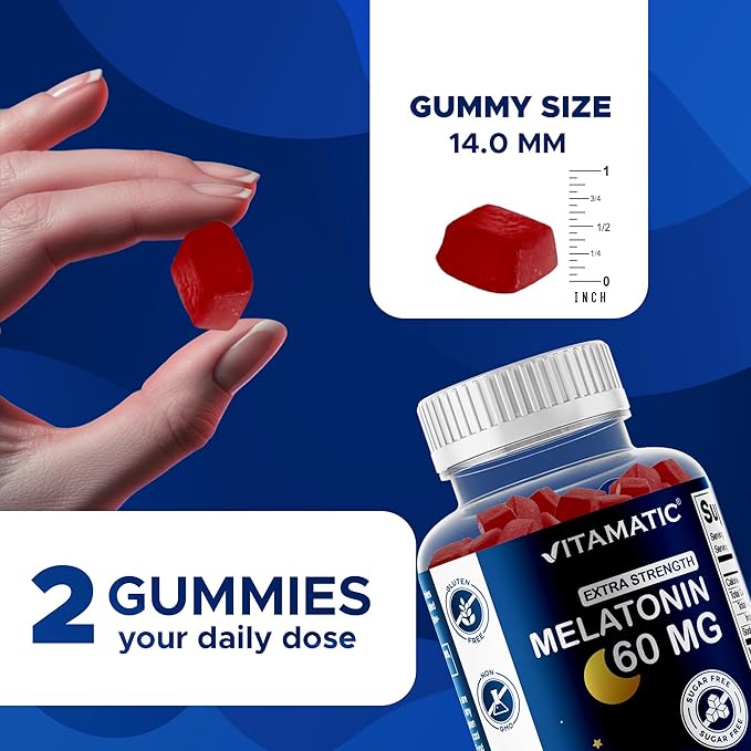 Vitamatic Sugar Free Melatonin 60 mg - 60 Vegetarian Gummies - Non-Habit Forming Supplement- 2 Pack