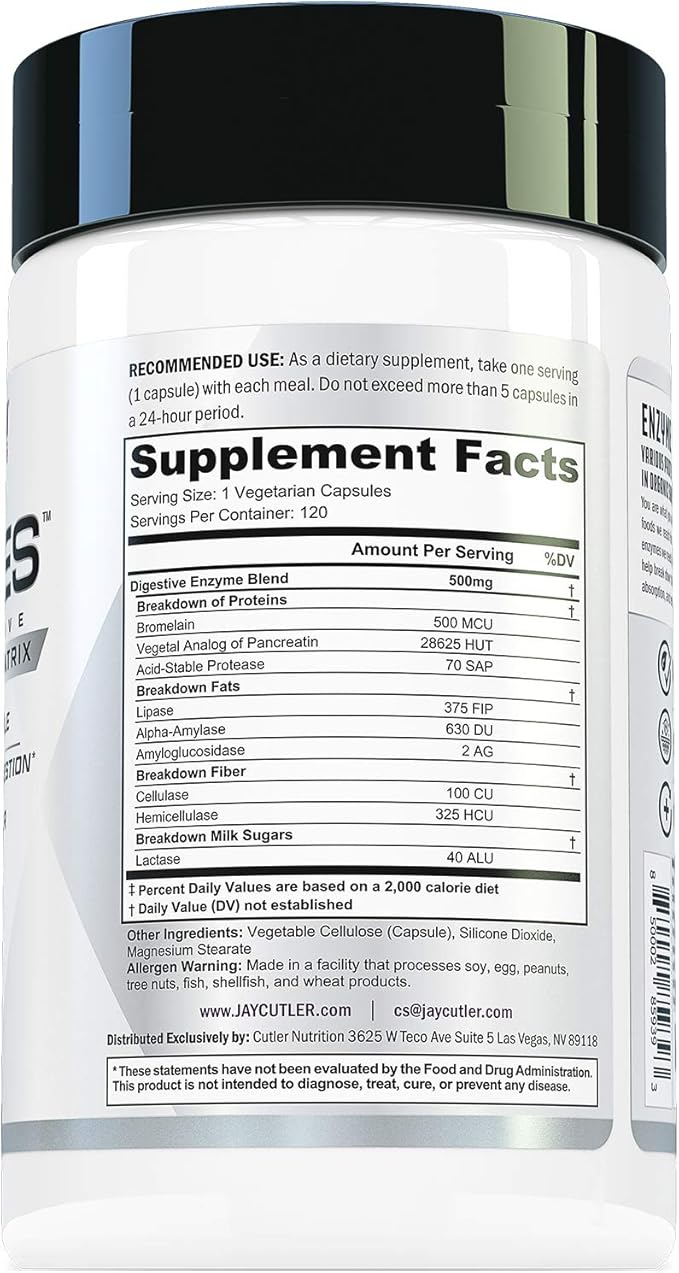 Cutler Nutrition 9-Zymes Digestive Enzyme Supplement: Contains Bromelain Protease Lipase Lactase &amp More to Help Reduce Bloating Improve Absorption and Reduce Gas 120 Servings/Capsules