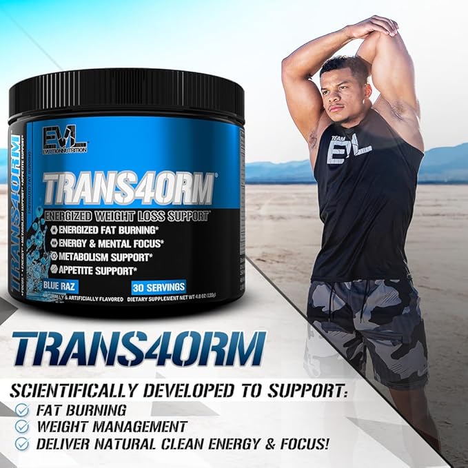 Evlution Thermogenic Fat Burning Support Powder Nutrition Trans4orm Fast Acting Energy Powder to Support Fast Metabolism Weight Loss and Mental Focus with CLA Carnitine and Alpha GPC - Blue Raz