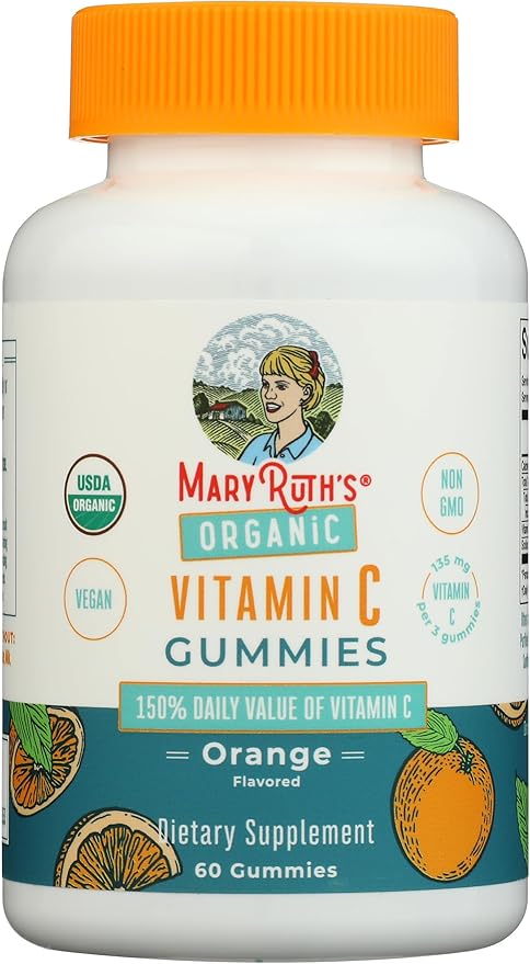 MARYRUTH'S Adult Vitamin C Gummies | USDA Organic | Vegan Chewable Vitamin C Gummies for Ages 14+ | for Immune Support &amp Overall Wellness | Vegan | Non-GMO | Orange Flavor | 60 Count