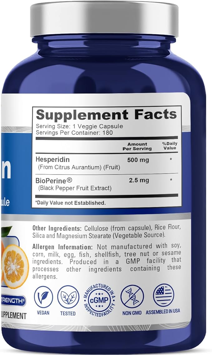 NusaPure Hesperidin 500 mg per Veggie Caps - 180 Capsules (BioPerine High Absorption Non-GMO)