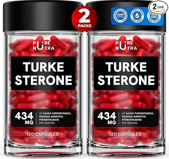Organic Turkesterone Supplement for Men - Muscle Recovery &amp Growth with Organic Fadogia Agrestis Pterostilbene Ajuga Turkestanica | Complexed Turkesterone Powder | 240 Servings - 2 Packs