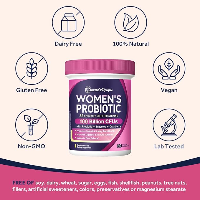 Doctor's Recipes Probiotics for Women 100 Billion CFU 32 Strains with Prebiotic Enzymes &amp Cranberry Shelf Stable Delayed Release 60 Caps
