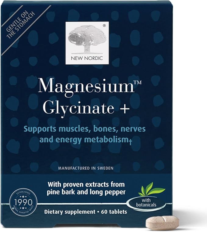 New Nordic Magnesium Glycinate 220 mg Maximum Absorption Tablets with Pine Bark &amp Long Pepper Gentle on Stomach for Women &amp Men 30 Servings