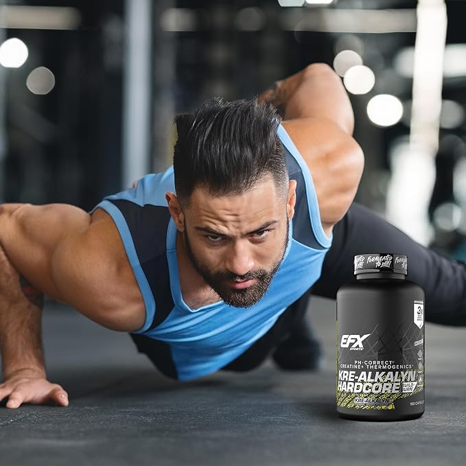 EFX Sports Kre-Alkalyn Hardcore | Thermogenic pH Correct Creatine Monohydrate Pill Supplement | Energy &amp Strength Pre Workout | 60 Servings 180 Capsules
