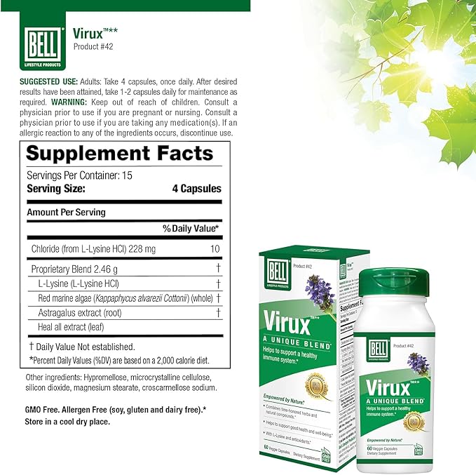 Bell Virux™ L Lysine and Red Marine - Natural Herbal Blend Unique Supplement to Boost the Immune System- Lysine 1000mg Capsules
