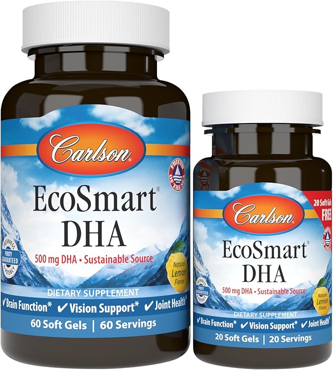 Carlson - EcoSmart DHA 500 mg DHA Sustainable Source Healthy Vision &amp Brain Function Lemon 60+20 Softgels