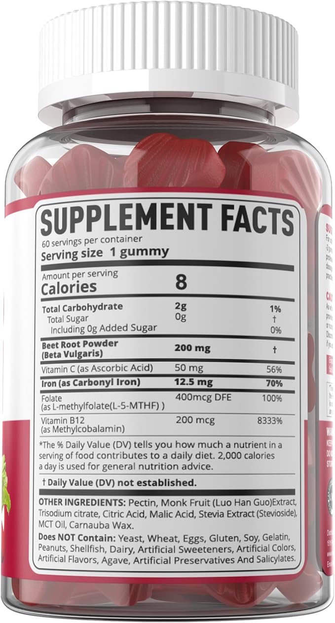 Beet Root Gummies with Iron Methyl B12 Folate Vitamin C - Increase Nitric Oxide &amp Iron Levels Energy Support Fight Fatigue Beetroot &amp Gentle Iron Supplement Sugar Free 60 Counts