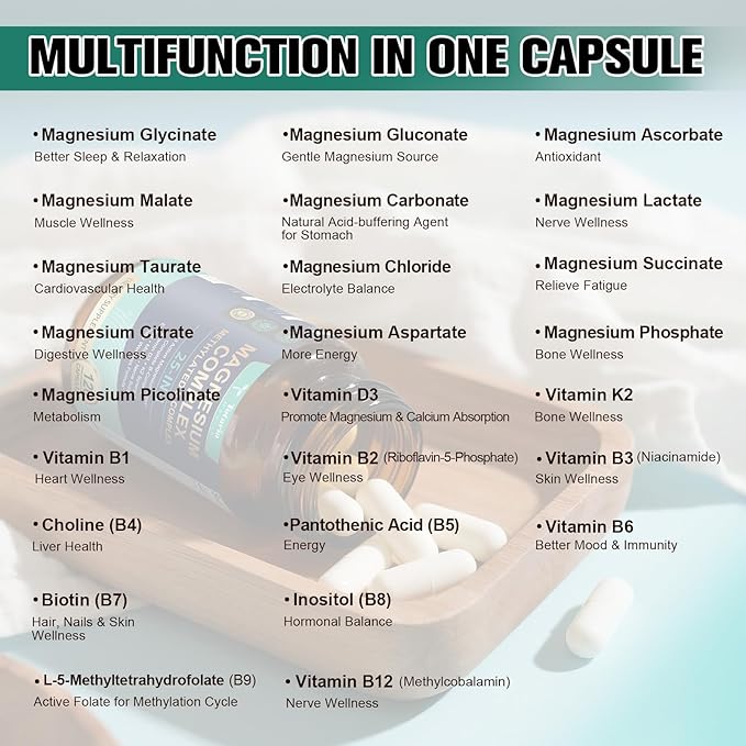 25-in-1 Magnesium Complex with Methylated B Complex Magnesium Glycinate Citrate Malate Taurate Gluconate Aspartate Carbonate D3 K2 Magnesium Supplement for Relaxation Energy &amp Nerve 120 Vegan Ca