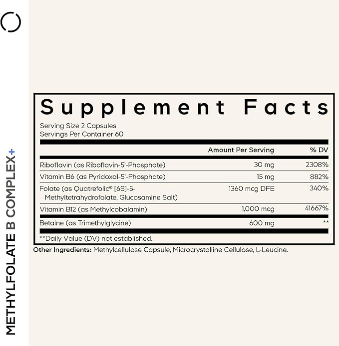 Codeage Methylfolate B Complex Supplements - 5 MTHF Methylcobalamin 1000mcg Methylated Vitamin B12 Riboflavin Betaine Vitamins B6 Methylation Cycle MTHFR - 2 Months - 120 Capsules