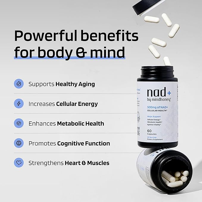 MINDHONEY | NAD+ Brain Supplement | 500mg NAD+ Premium Formula | Healthy Anti-Aging Cellular Energy Cognition Metabolic Health Heart + Muscle Support | Vegan Non-GMO Gluten-Free | 30 Servings