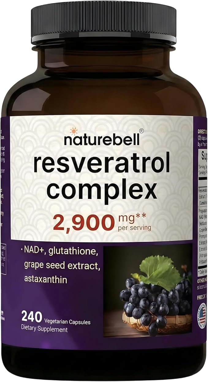 NatureBell Resveratrol Complex - 240 Vegetarian Capsules - Made with Resveratrol NAD Glutathione &amp More - Healthy Aging &amp Antioxidant Support - Heart Brain &amp Immune Wellness*