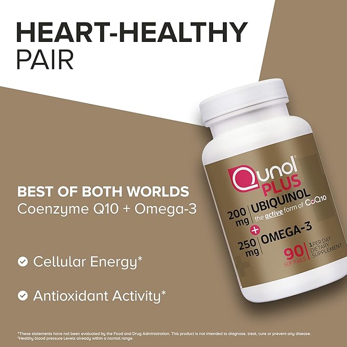 Qunol Plus Ubiquinol Coq10 200mg with Omega 3 250mg Extra Strength Antioxidant (Bovine Version) 90 Count