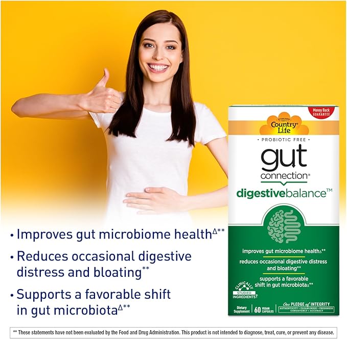 Country Life Gut Connection Digestive Balance – Prebiotic &amp Digestive Enzyme Supplement for Gut Health Bloating Relief and Improved Bowel Movements – Gluten-Free Vegan Non-GMO 60 Capsules