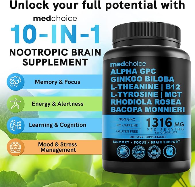 MEDCHOICE Sleep Melatonin (180ct) Turmeric &amp Ginger (240ct) and Nootropic Brain (120ct) Supplement Bundle - Wellness Trio for Brain Sleep &amp Immune Support - Vegan Non-GMO Gluten-Free