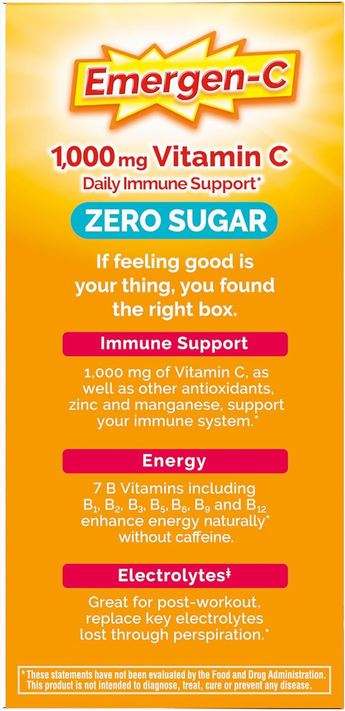 Emergen-C Zero Sugar 1000 mg Vitamin C Powder for Daily Immune Support Caffeine Free Vitamin C Supplements with Zinc and Manganese B Vitamins and Electrolytes Raspberry Lemonade Flavor - 36 Count
