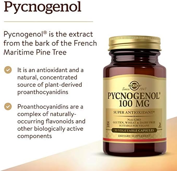 Solgar Pycnogenol 100 mg 30 Vegetable Capsules - Antioxidant Protection - Healthy Leg &amp Vein Support - Non-GMO Vegan Gluten Free Dairy Free Kosher - 30 Servings