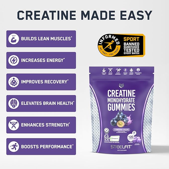 SteelFit Creapure Creatine Monohydrate Gummies for Men &amp Women Concord Grape - Gym Workout Nutritional Supplements for Muscle Gain Brain Health &amp Strength Building Dietary Supplement 120 Gu