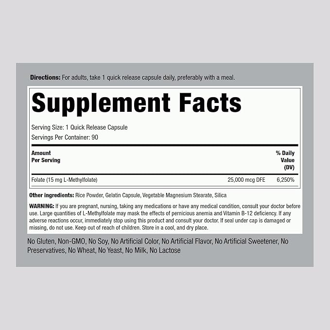 Piping Rock L Methylfolate 15 mg | 90 Capsules | Max Potency | Active Folic Acid Supplement | Non-GMO Gluten Free
