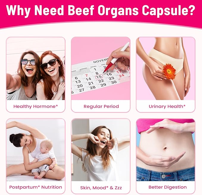 12-In-1 Beef Organ Supplement for Women - Beef Liver Uterus Kidney Heart Pancreas 5 Vitamins &amp 2 Herbs Hormone Balance Menstruation Energy Immune - 100% Grass Fed Pasture Raise - 120 Cap