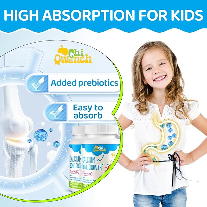 ChiQwench 500 MG Calcium Supplement with Vitamin D3 &amp K2 Zinc Magnesium &amp Prebiotics. Kids Vitamins for Kids' Height. Bone Strength High Absorption Orange Chewables Non-GMO Gluten Free