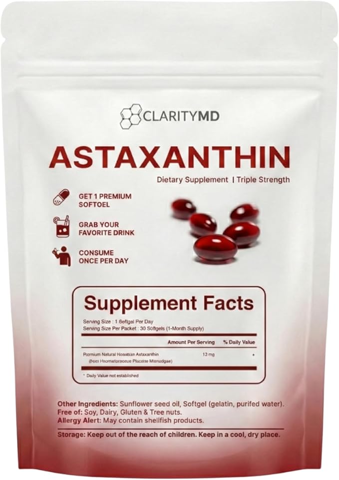 Astaxanthin 12mg Antioxidants Supplement – Natural Microalgae Source – Lipid-Based Softgel for Enhanced Absorption – Cognitive Vision &amp Joint Support – 30 Softgels (Pack of 1)