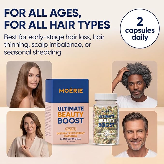 Moerie Hair Growth Supplement for Women &amp Men - Hair Skin and Nails Vitamins With Biotin Q10 &amp Minerals - For Thicker Fuller Hair &amp Hair Loss Treatment - Advanced Beadlet Delivery System