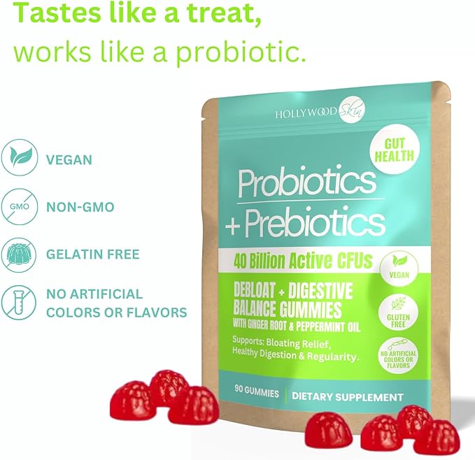 5X Strength - 40 Billion CFU Probiotic Gummies for Women &amp Men | Prebiotics Ginger &amp Peppermint | Reduce Bloating Support Digestion &amp Gut Health | Vegan Non-GMO Naturally Flavored – 90