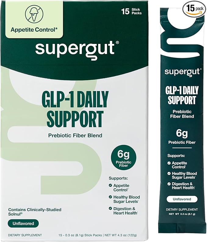 Supergut GLP1 Daily Support - High Fiber GLP-1 Supplement Powder for Women &amp Men - Sugar-Free Drink Mix for Gut Health (15 Servings)