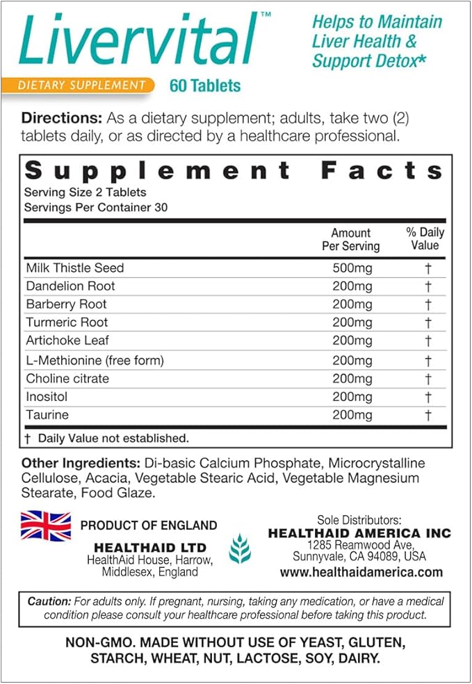 HealthAid LiverVital – Once-Daily Herbal Liver Support with Milk Thistle Dandelion Turmeric &amp Artichoke Plus Methionine Choline &amp Inositol | Vegetarian 60 Tablets