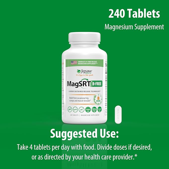 Jigsaw Health MagSRT (B-Free) | Premium Organic Slow Release Magnesium Supplement | Active Bioavailable Magnesium Malate Tablets | 240 Tablets | 60 Servings