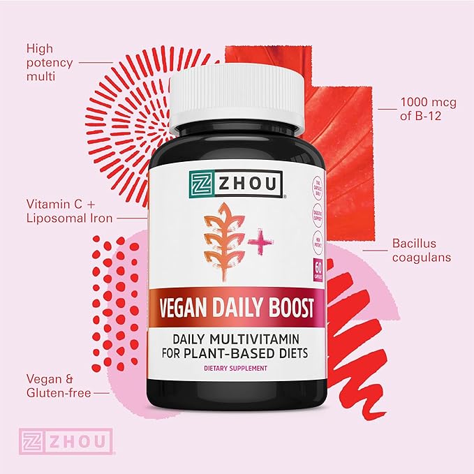 Zhou Vegan Multivitamin for Women &amp Men Daily Vegan Supplement Essential Multi Vitamin with Iron &amp Zinc for Energy Vitality Immune Support &amp Whole Body Health - 60 Veg Caps