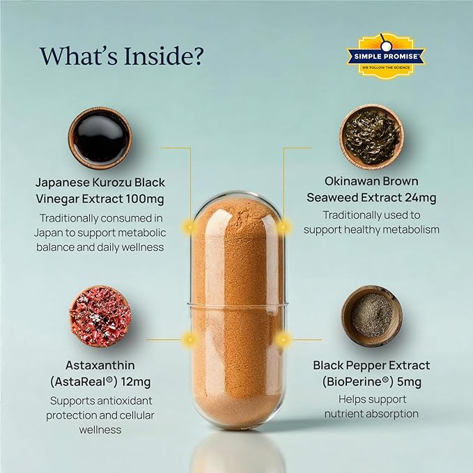 Simple Promise TrimKai - Japanese Black Vinegar Capsules for Metabolism Support - with Astaxanthin 12mg Seaweed &amp Black Pepper Extract - Plant-Based Formula - 30 Capsules