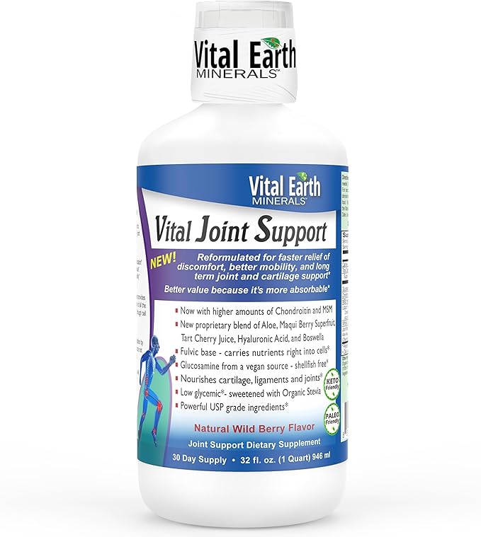 Vital Earth Liquid Joint Support Supplement – Glucosamine Chondroitin MSM Plus Hyaluronic Acid Boswellia &amp Fulvic Acid (70+ Trace Minerals) 32 Oz + 1 Oz Cup