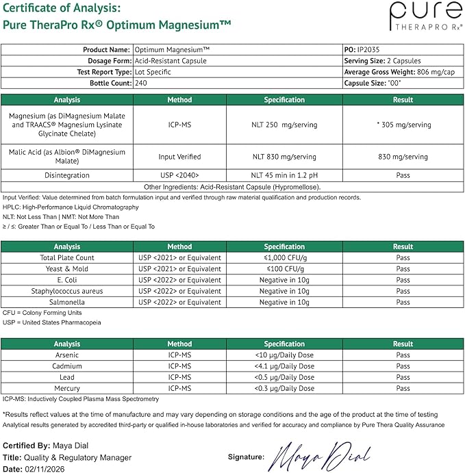 Pure TheraPro Rx Optimum Magnesium Lysinate Glycinate &amp Di-Magnesium Malate Made in USA | 4 Month Supply | Chelated for Maximum Absorption Supports Bone Health &amp Energy 240 Count