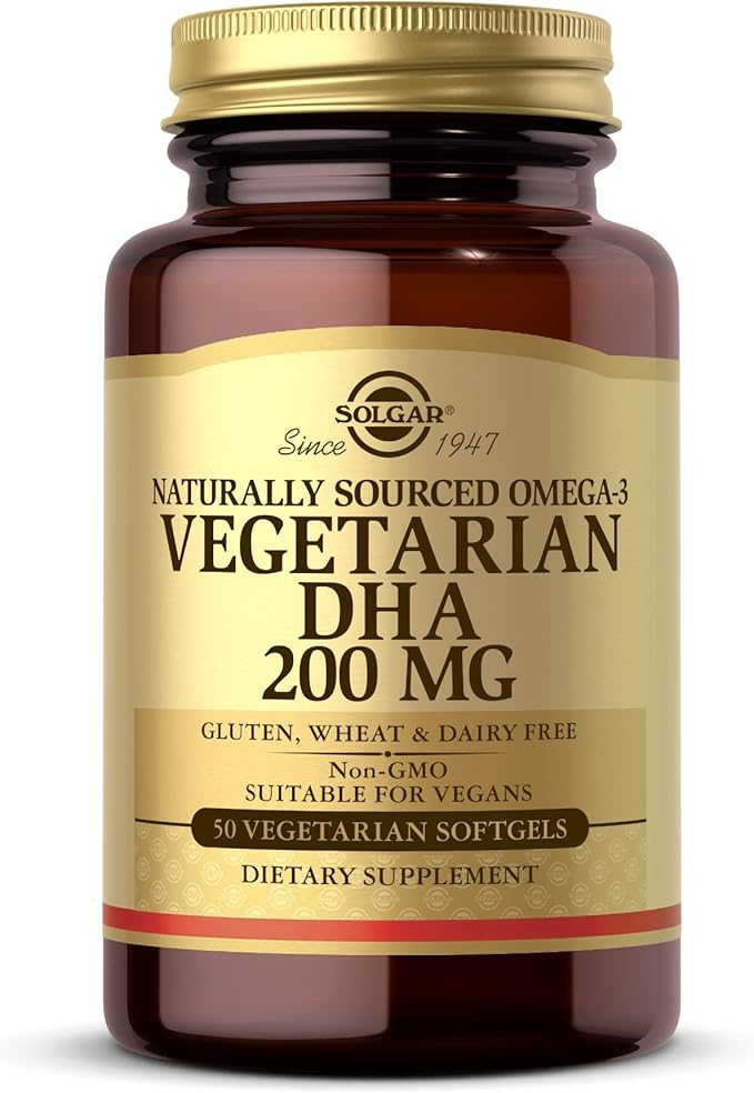 Solgar Vegetarian DHA 200 mg - 50 Vegetarian Softgels - Naturally Sourced Omega-3 - Vegan Gluten Free Dairy Free - 50 Servings