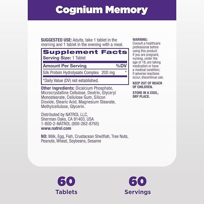 Natrol Cognium Memory Extra Strength Brain Health Supplements for Adults Brain Memory Supplements Enhances Mental Agility in Healthy Adults 60 Tablets Up to a 30 Day Supply (Pack of 2)