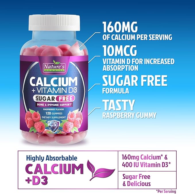 Calcium Supplement Gummies - Sugar Free Calcium Gummy with Vitamin D3 for Best Absorption - Supports Immune Health Bones &amp Teeth - Nature's Calcium Chews for Women &amp Men - Berry Flavor - 120