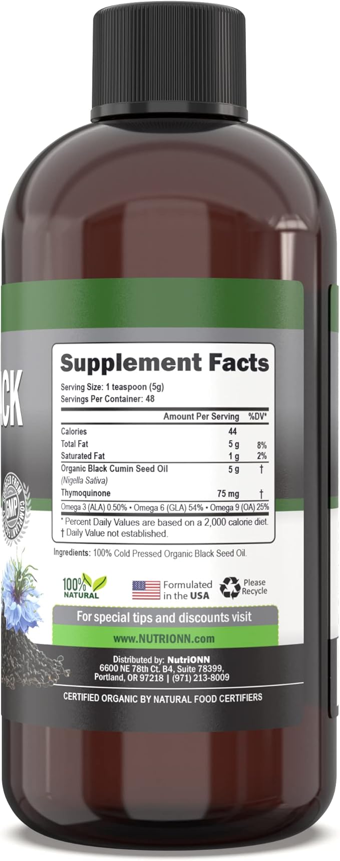 Organic Black Seed Oil - USDA Certified Organic Black Cumin Seed Oil Liquid – High Thymoquinone Content – Non-GMO and Cold-Pressed – Rich Source of Omega-6 &amp Omega-9 Fatty Acids - 8 Oz
